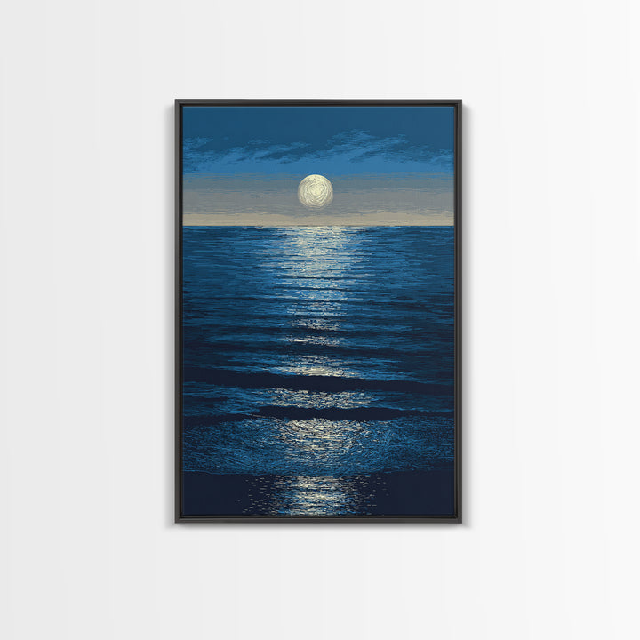 Moonlit Ocean Reflection Framed Canvas Print, Blue Wall Art, Modern Seascape Poster, Coastal Living Room And Bedroom Decor