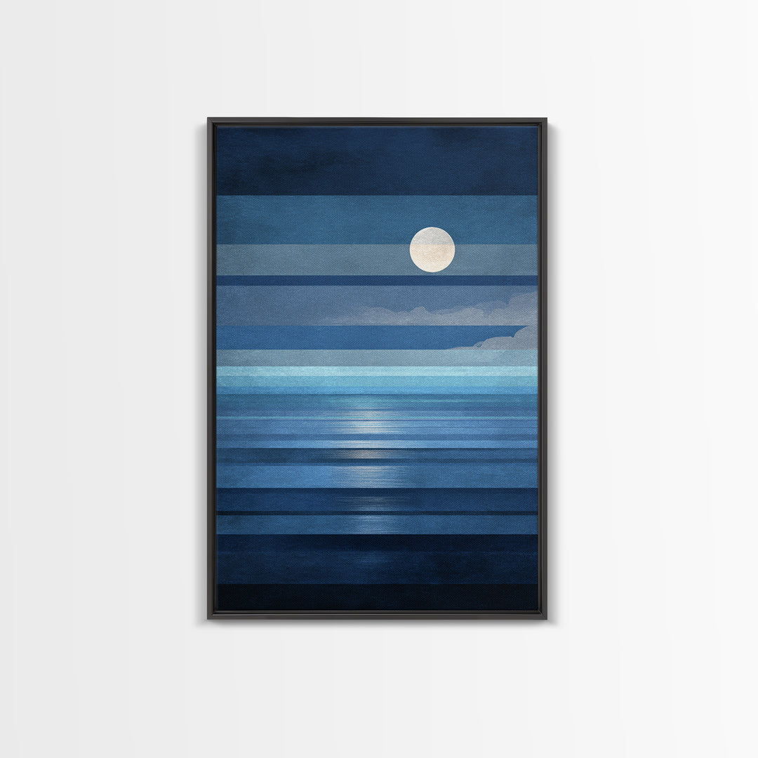 Minimalist Blue Moon Seascape Wall Art, Modern Abstract Ocean Print, Coastal Bedroom Decor, Large Canvas Print For Living Room