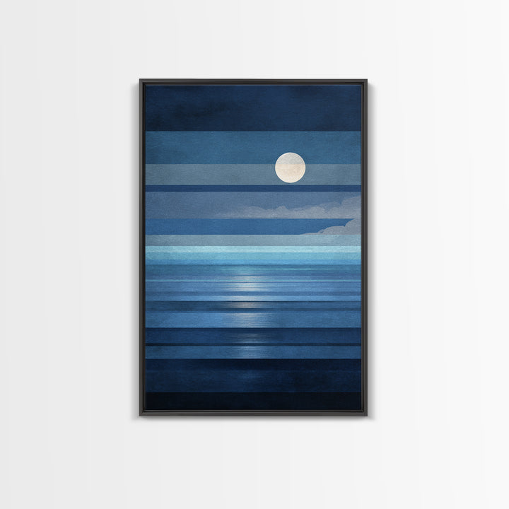 Minimalist Blue Moon Seascape Wall Art, Modern Abstract Ocean Print, Coastal Bedroom Decor, Large Canvas Print For Living Room