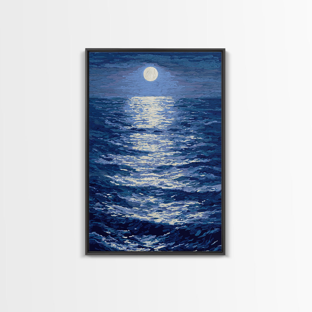 Textured Moonlit Waves Canvas Print, Blue Wall Art, Coastal Seascape Painting, Modern Living Room Decor, Ocean Art Print