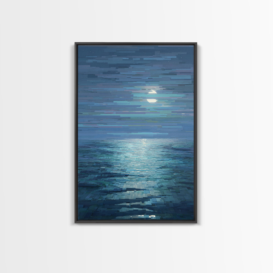 Pixelated Moon Over Calm Sea Wall Art, Modern Digital Art, Blue Coastal Canvas Print, Abstract Seascape Living Room Decor