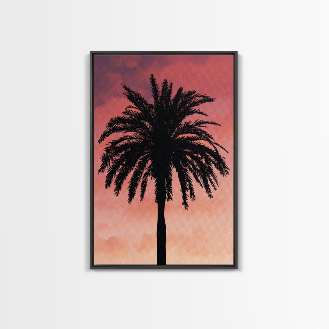 Cloudy Coral Palm Silhouette Sunset Canvas Print, Retro Tropical Wall Decor, Palm Springs Poster, Coastal Bedroom Art Print