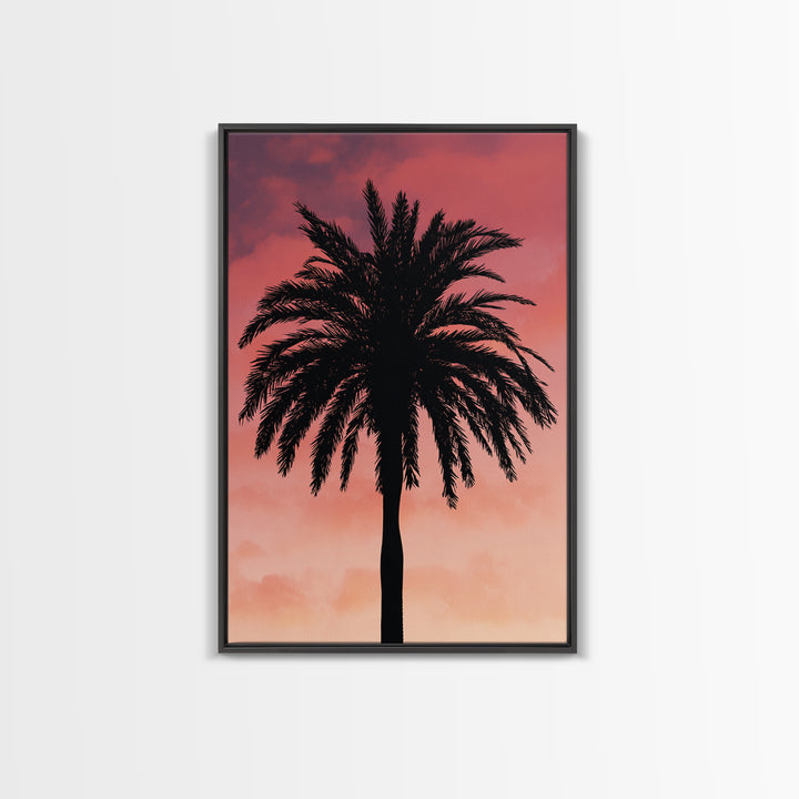 Cloudy Coral Palm Silhouette Sunset Canvas Print, Retro Tropical Wall Decor, Palm Springs Poster, Coastal Bedroom Art Print