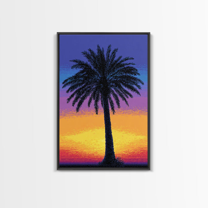 Pixel Palm Tree Against Blue Yellow Sunset Wall Art, Retro Digital Poster, Tropical MCM Wall Decor, Colorful Coastal Print