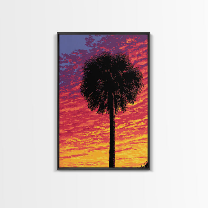 Fiery Palmetto Silhouette In Magenta Sunset Wall Art, Retro Tropical Poster, Palm Springs Decor, Bold Coastal Art Print Gift