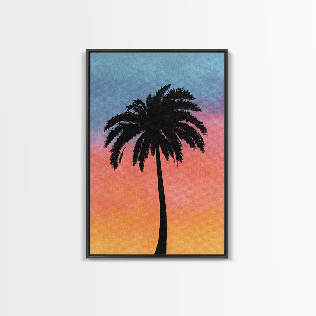Textured Palm Silhouette With Coral Blue Sky Canvas Print, Retro Tropical Wall Decor, Palm Springs Style, Coastal Art Print