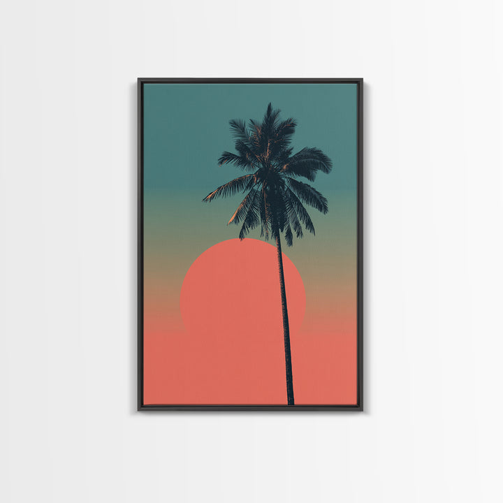 Minimal Palm Tree With Coral Sun Canvas Print, Retro Tropical Poster, Palm Springs Decor, Mid Century Modern Wall Art Print