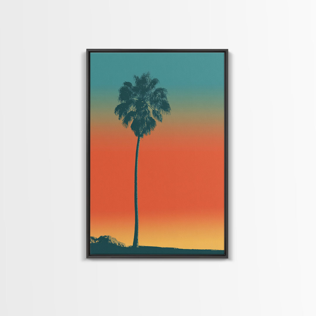 Lone Palm Tree On Orange Teal Horizon Canvas Print, Minimal Retro Tropical Poster, Palm Springs Decor, Coastal Wall Art Print