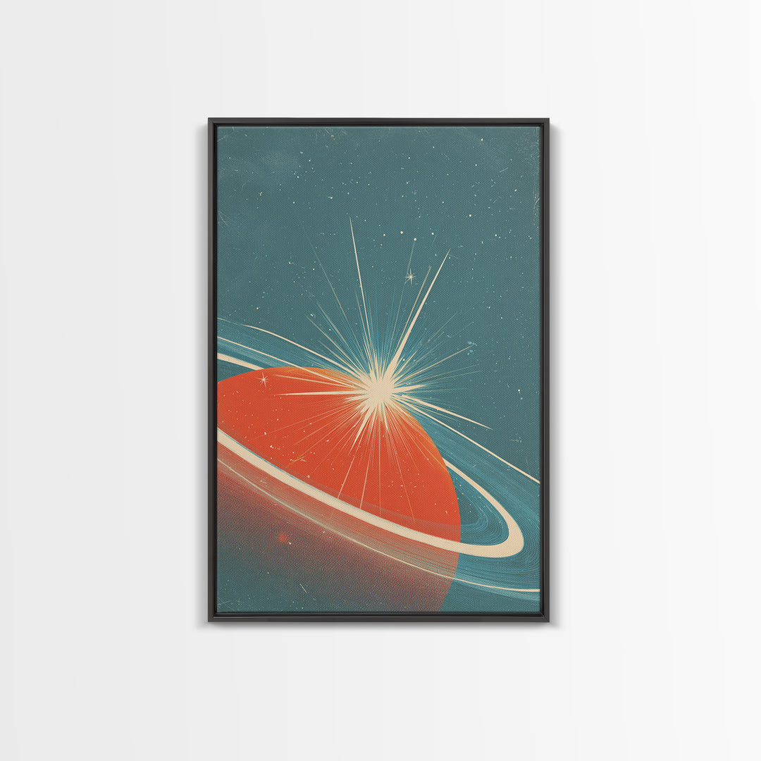 Retro Ringed Planet With Starburst Framed Canvas Print, Mid Century Modern Wall Art, Space Abstract Poster, Sci Fi Decor