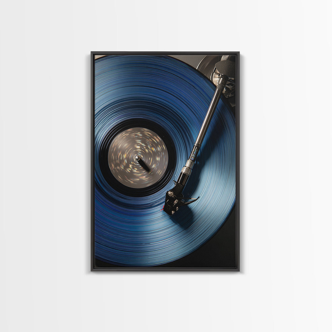 Blue Vinyl Record Canvas Print, Modern Wall Art For Music Lovers, Retro Turntable Poster, Moody Home Office Decor Gift For Him