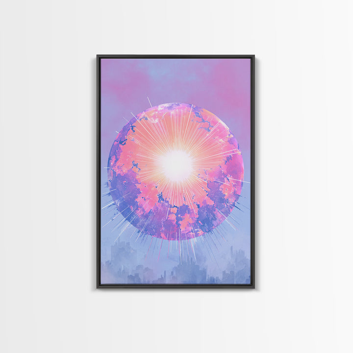 Pink Glowing Planet Over Skyline Wall Art, Pastel Sci Fi Poster, Modern Art Print, Dreamy Space Decor, Retro Galaxy Gift