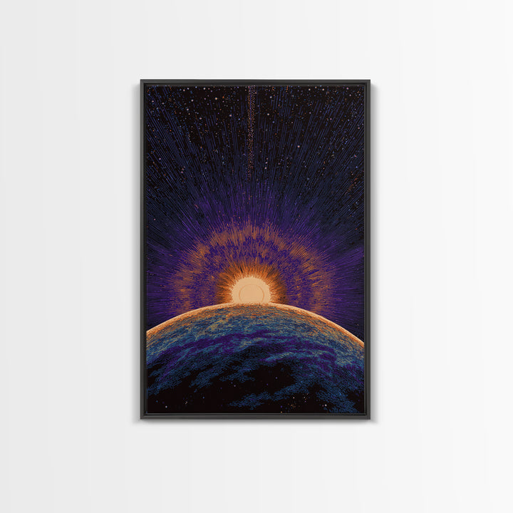Purple Planet Sunrise Horizon Canvas Print, Retro Sci Fi Space Poster, Modern Wall Art, Midcentury Starburst Decor Gift Idea