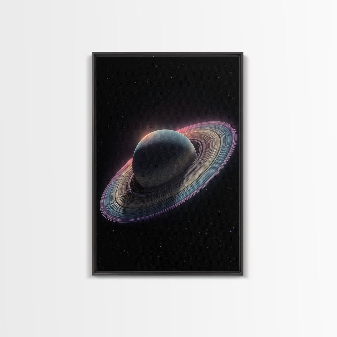 Dark Saturn With Iridescent Rings Wall Art, Realistic Sci Fi Space Poster, Modern Art Print, Cosmic Retro Home Decor Gift