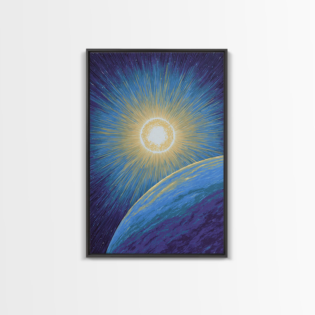 Radiant Sun Above Blue Planet Canvas Print, Retro Sci Fi Space Poster, Modern Wall Art, Midcentury Cosmic Home Decor Gift
