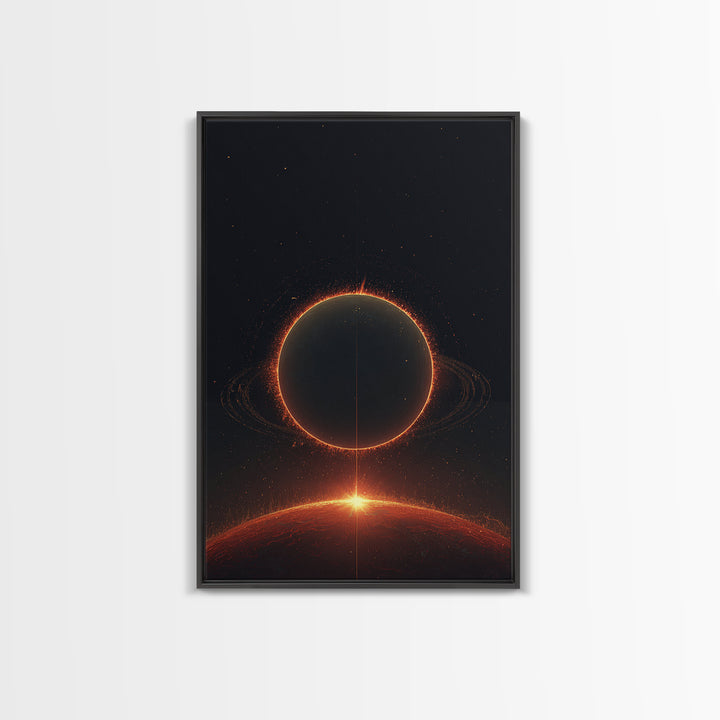 Red Eclipse Over Fiery Planet Wall Art, Minimal Sci Fi Space Poster, Modern Art Print, Dark Cosmic Retro Home Decor Gift