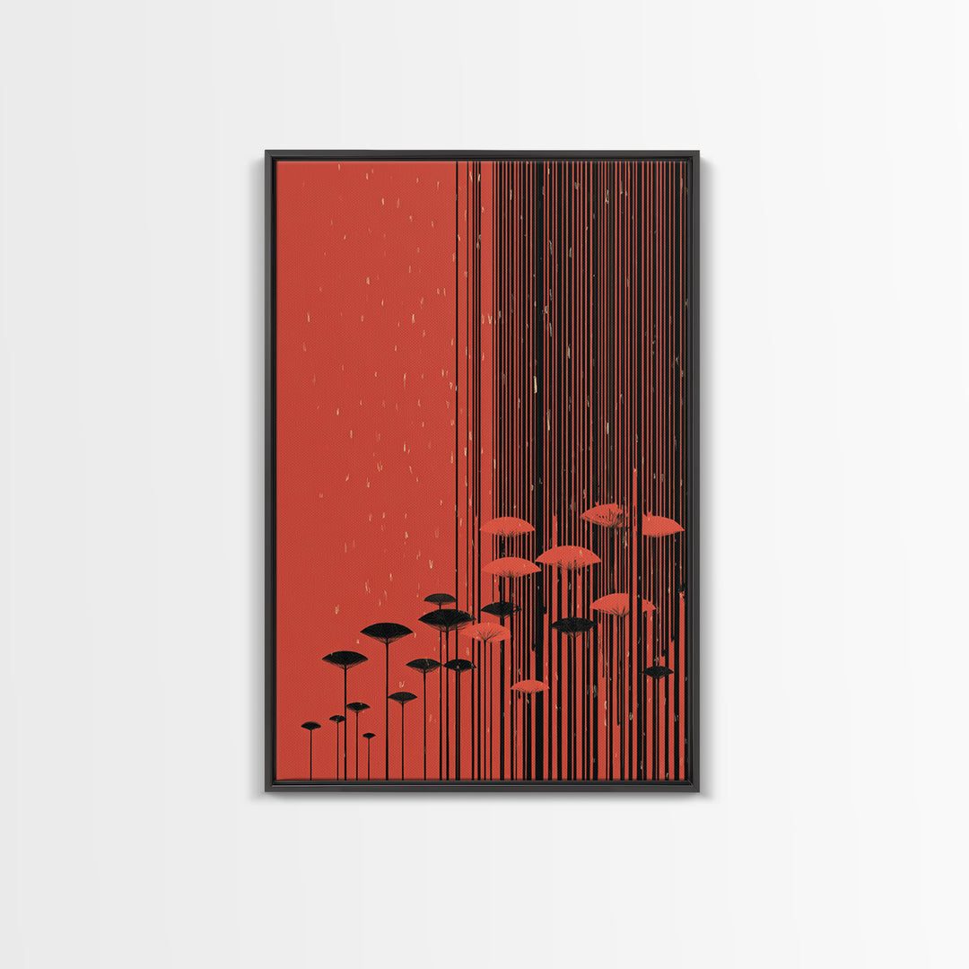 Red Abstract Rain Umbrella Wall Art, Midcentury Modern Art Print, Japanese Poster Style, Geometric Retro Home Decor Gift