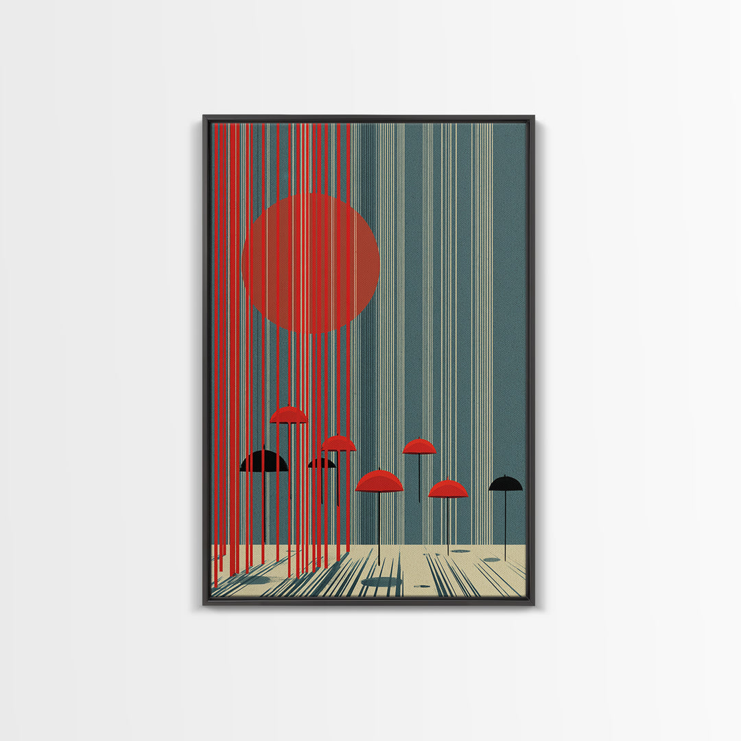 Teal Red Sun And Rain Umbrellas Canvas Print, Midcentury Modern Wall Art, Geometric Japanese Poster, Retro Decor Gift Idea