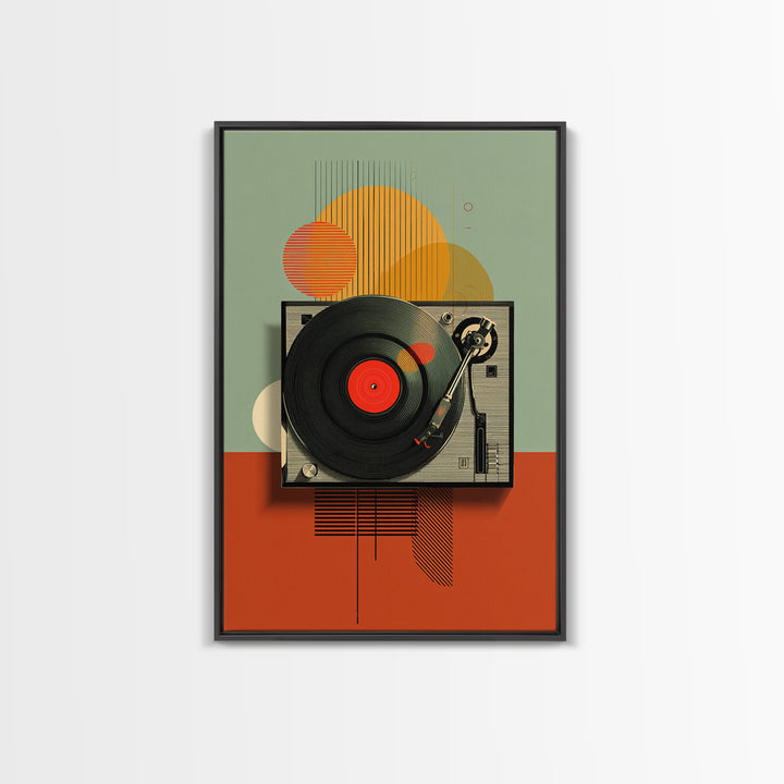 Retro Turntable Sun Shapes Framed Canvas Print, Midcentury Modern Wall Art, Orange Green Music Room Decor Poster For Vinyl Lovers