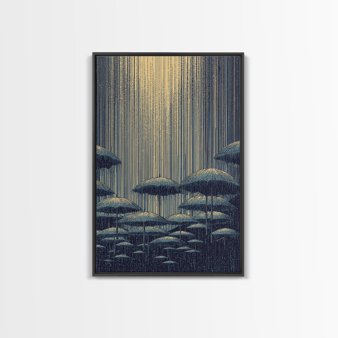 Blue Rainy Umbrella Moonlight Wall Art, Midcentury Modern Art Print, Japanese Poster Style, Retro Scenic Home Decor Gift