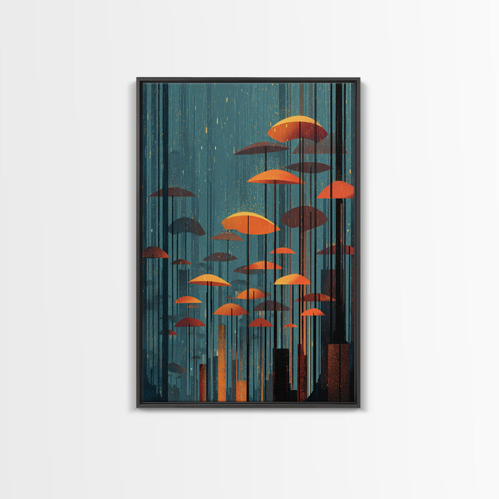 Rainy Teal Forest With Orange Umbrella Mushrooms Wall Art, Midcentury Modern Art Print, Retro Mcm Decor, Surreal Nature Poster