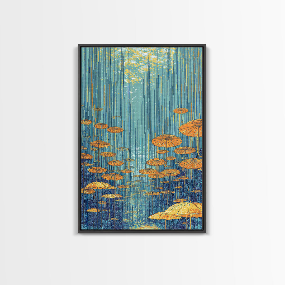 Golden Parasol Mushrooms In Blue Rain Canvas Print, Midcentury Modern Wall Art, Retro Botanical Decor, Colorful Nature Poster