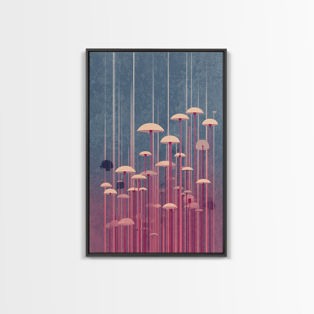 Pastel Pink Umbrella Forest In Mist Framed Canvas Print, Midcentury Modern Wall Art, Retro Mcm Decor, Dreamy Abstract Poster
