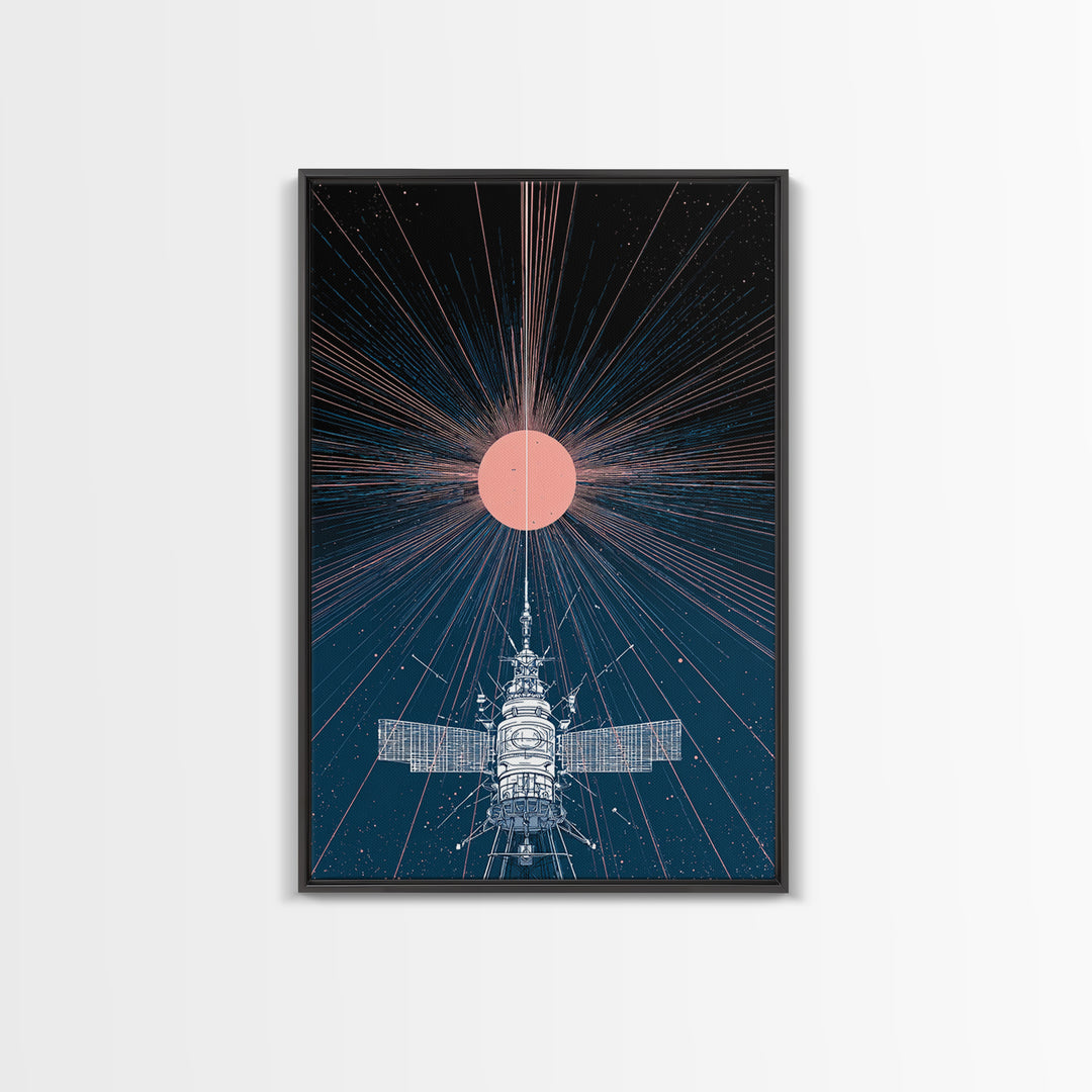 Satellite Under Pink Cosmic Sun Wall Art, Midcentury Modern Sci Fi Poster, Space Abstract Art, Retro Futurism Decor Print