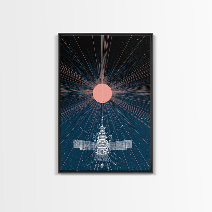 Satellite Under Pink Cosmic Sun Wall Art, Midcentury Modern Sci Fi Poster, Space Abstract Art, Retro Futurism Decor Print