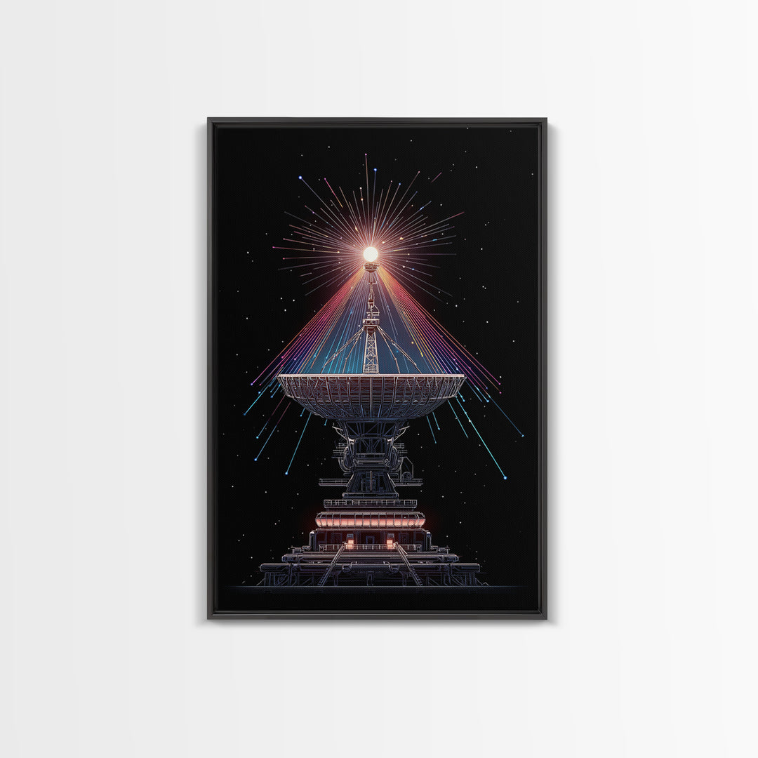 Radio Telescope Starburst On Black Canvas Print, Midcentury Modern Space Poster, Sci Fi Wall Art, Retro Cosmic Office Decor