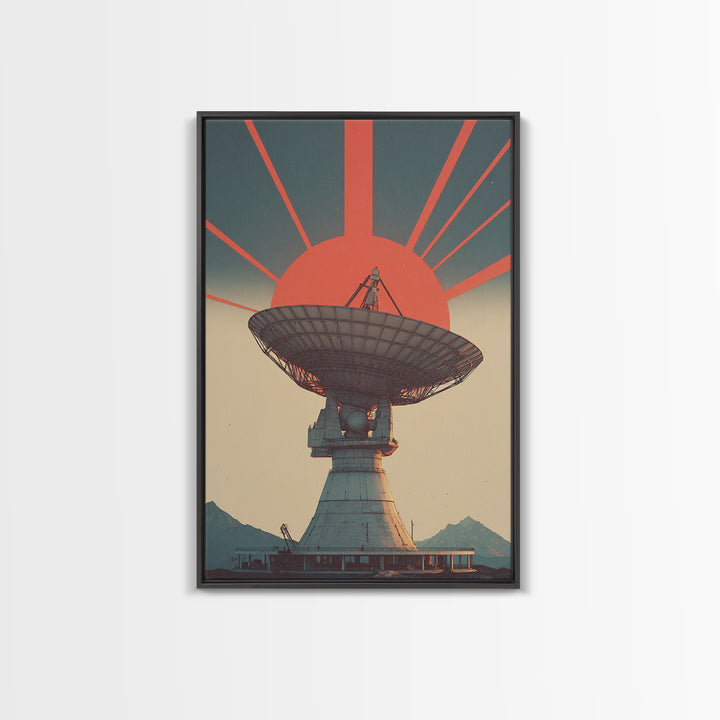 Mountain Radio Telescope With Red Sunbeams Framed Canvas Print, Midcentury Modern Wall Art, Retro Space Poster, Mcm Decor