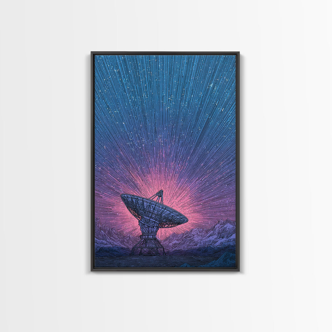 Mountain Satellite Dish With Pink Data Beams Wall Art, Midcentury Modern Sci Fi Poster, Space Abstract Art, Retro Decor Print