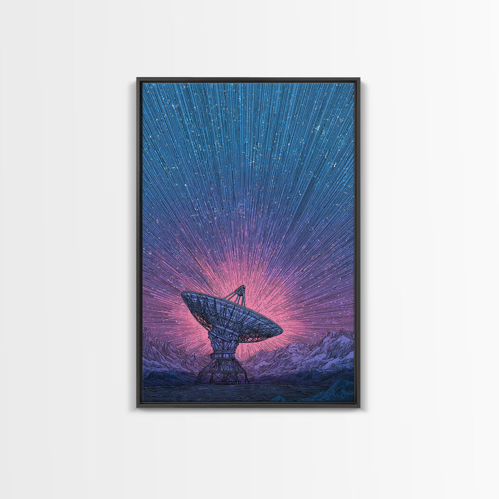 Mountain Satellite Dish With Pink Data Beams Wall Art, Midcentury Modern Sci Fi Poster, Space Abstract Art, Retro Decor Print