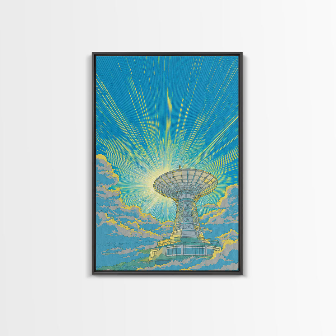 Bright Sky Satellite Dish With Neon Rays Canvas Print, Midcentury Modern Wall Art, Retro Space Poster, Colorful Office Decor