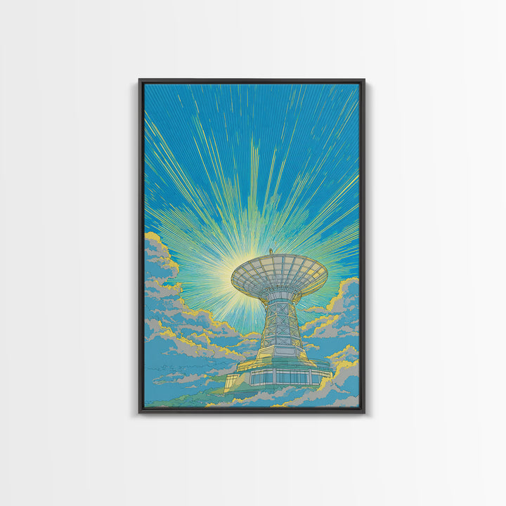 Bright Sky Satellite Dish With Neon Rays Canvas Print, Midcentury Modern Wall Art, Retro Space Poster, Colorful Office Decor