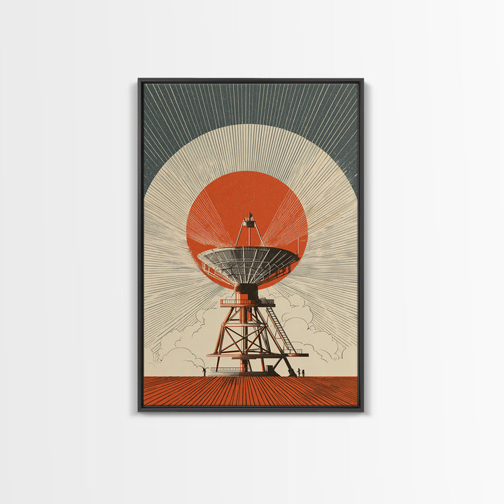 Orange Eclipse Radio Telescope In Desert Wall Art, Midcentury Modern Space Poster, Retro Futurism Decor, Geometric Art Print