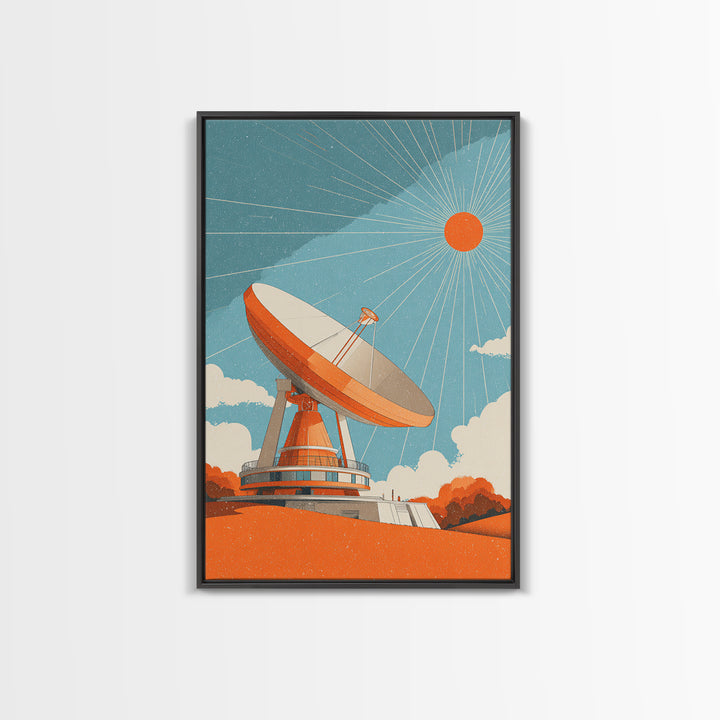 Orange Satellite Dish Under Blue Sun Canvas Print, Midcentury Modern Wall Art, Retro Space Poster, Atomic Mcm Office Decor