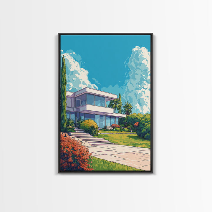 Palm Springs Modernist House Canvas Print, Mid Century Architecture Wall Decor, Retro Travel Poster, Colorful MCM Home Art