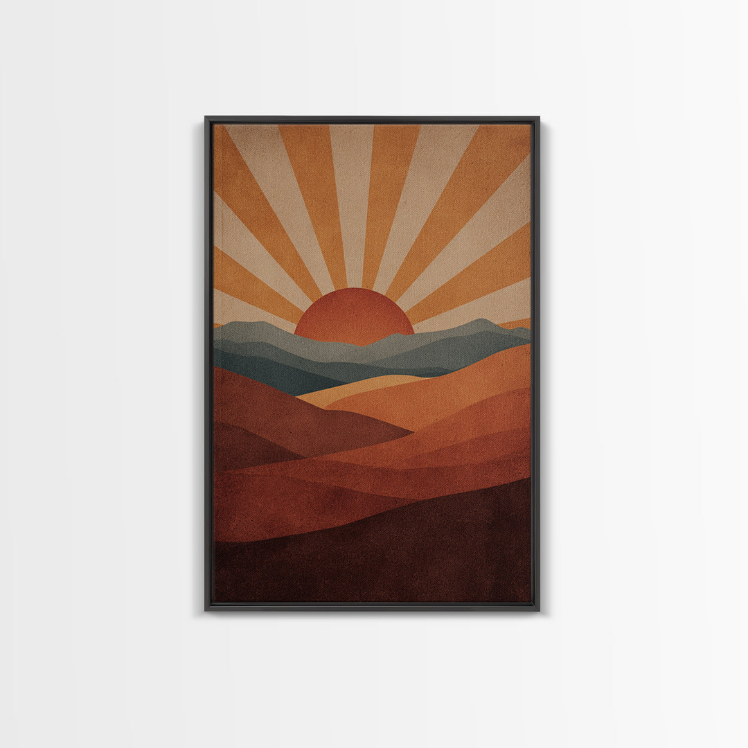 Retro Desert Sunrise Wall Art, Mid Century Sun Poster, Burnt Orange Landscape Print, Southwestern Decor, Boho MCM Art Gift