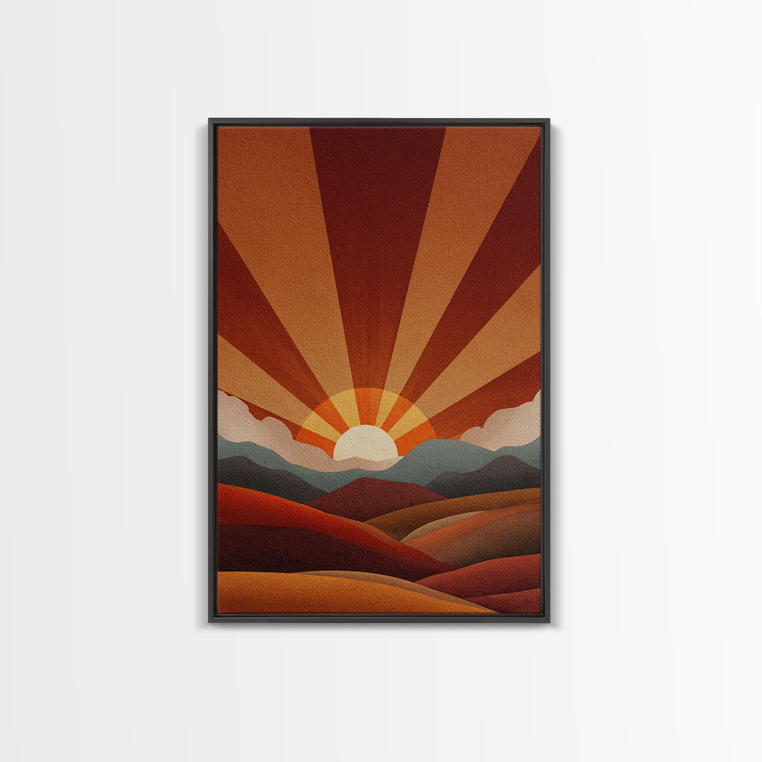 Burnt Orange Sunrise Wall Art, Retro Mountain Landscape Poster, Mid Century Sun Print, Warm Desert Decor, Boho MCM Art Gift