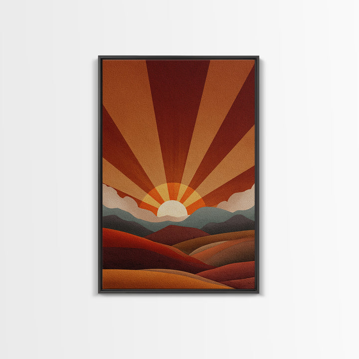 Burnt Orange Sunrise Wall Art, Retro Mountain Landscape Poster, Mid Century Sun Print, Warm Desert Decor, Boho MCM Art Gift