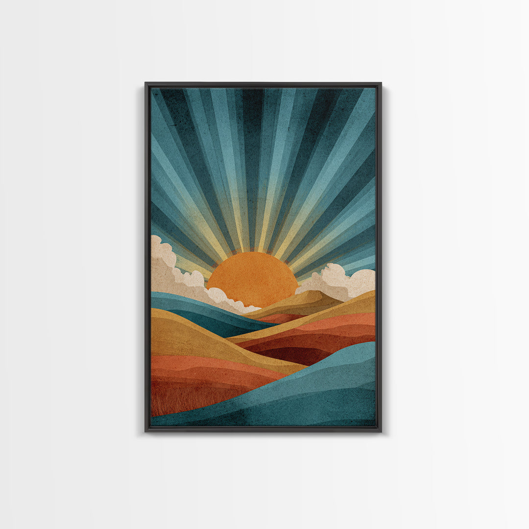 Teal Orange Sunrise Canvas Print, Retro Desert Mountain Wall Decor, Mid Century Sun Art, Boho Abstract Landscape Poster Print