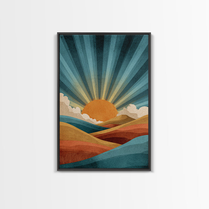 Teal Orange Sunrise Canvas Print, Retro Desert Mountain Wall Decor, Mid Century Sun Art, Boho Abstract Landscape Poster Print