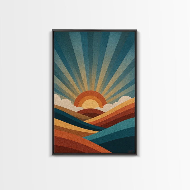 Geometric Sunrise Wall Art, Retro Rainbow Mountain Poster, Mid Century Sun Print, Colorful Abstract MCM Home Decor Gift Idea
