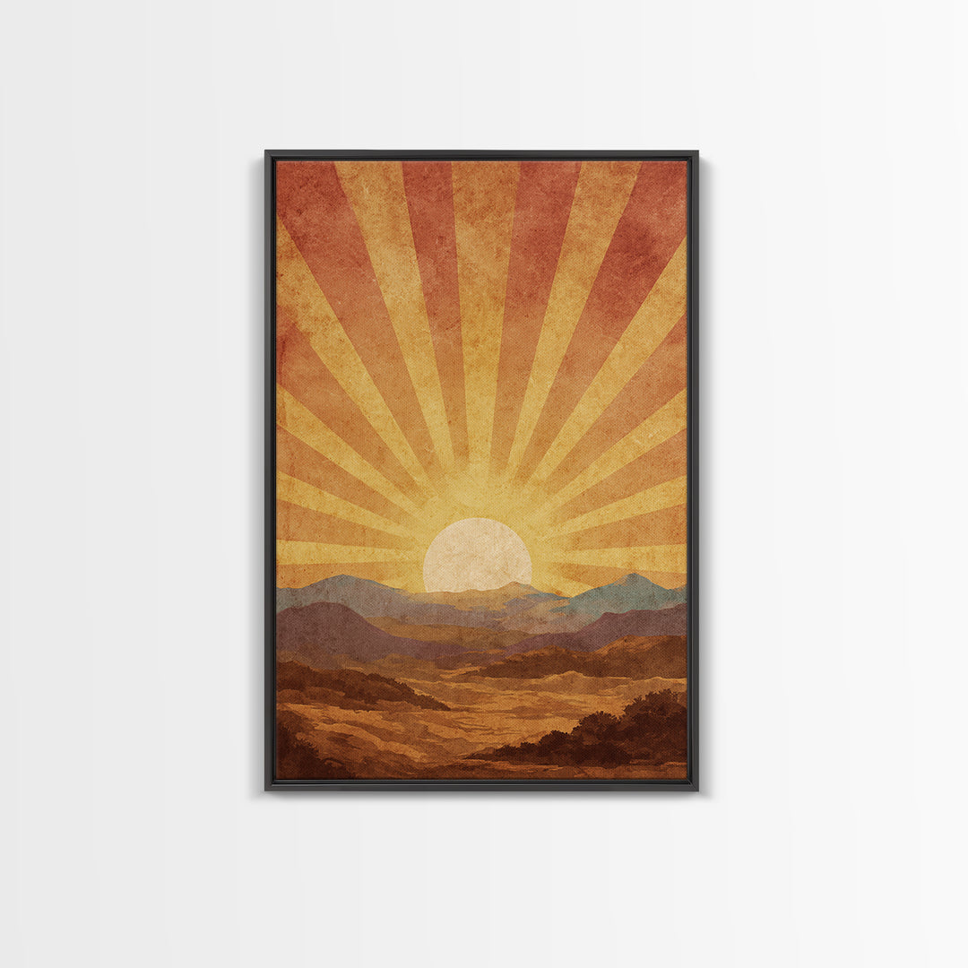 Radiant Desert Sunrise Mountains Wall Art, Mid Century Modern Poster, Retro Orange Landscape Print, Southwestern Living Room Decor