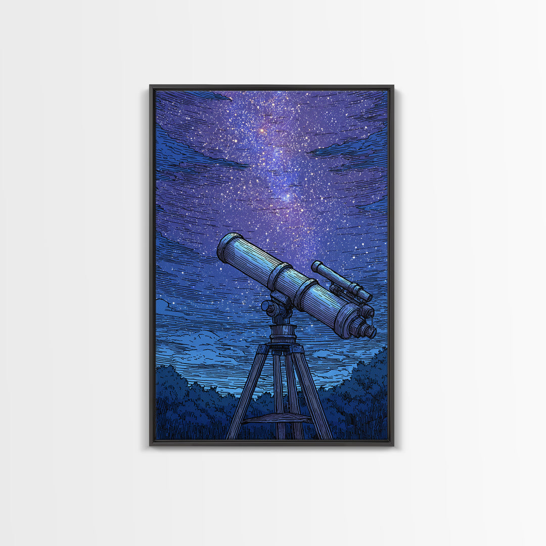 Blue Starry Telescope Wall Art, Mid Century Modern Space Poster, Astronomy Print, Night Sky Decor For Office And Dorm Room