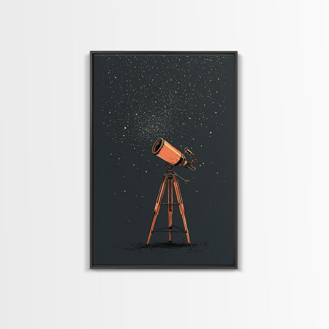 Orange Telescope Star Field Canvas Print, Mid Century Modern Astronomy Poster, Minimal Space Wall Decor, Stargazer Gift Idea