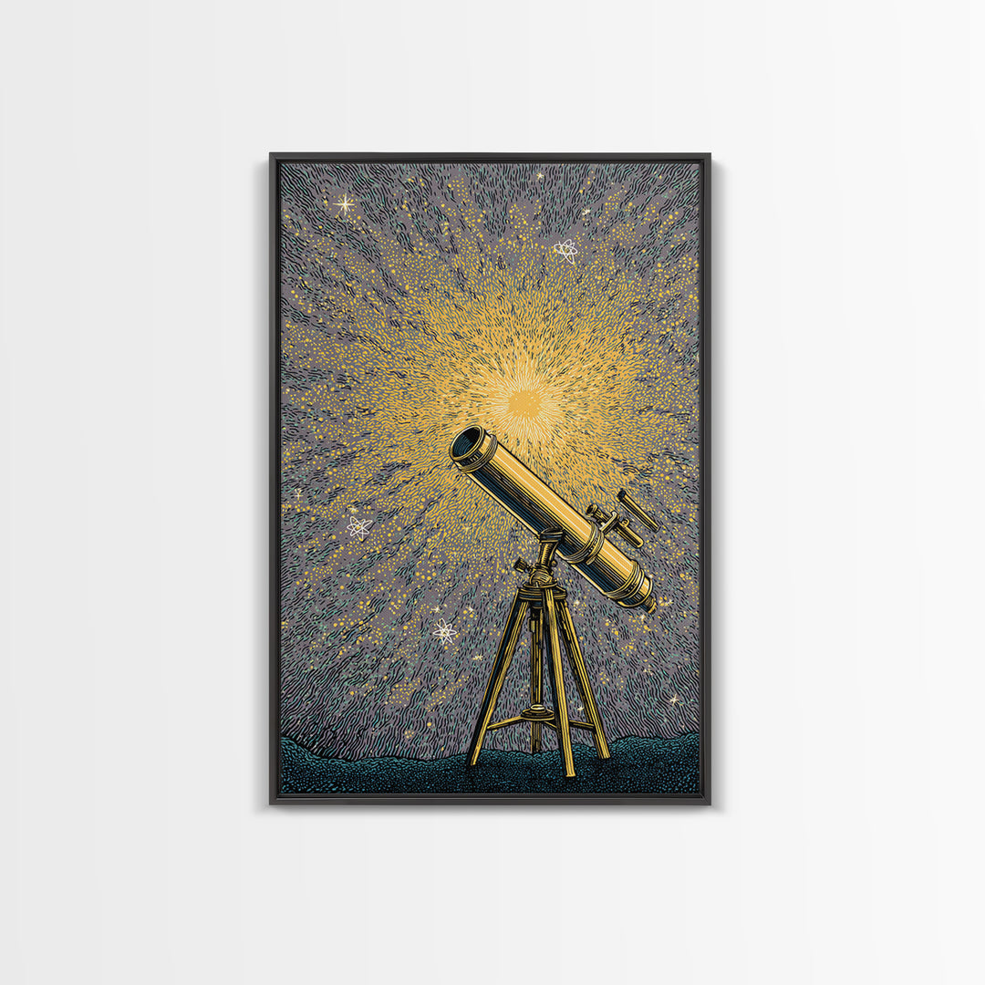 Golden Starburst Telescope Canvas Print, Mid Century Modern Astronomy Poster, Retro Space Wall Decor, Statement Office Art