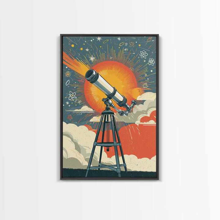 Giant Sun Telescope Wall Art, Mid Century Modern Space Poster, Colorful Atomic Astronomy Print, Retro Office Decor Gift Idea