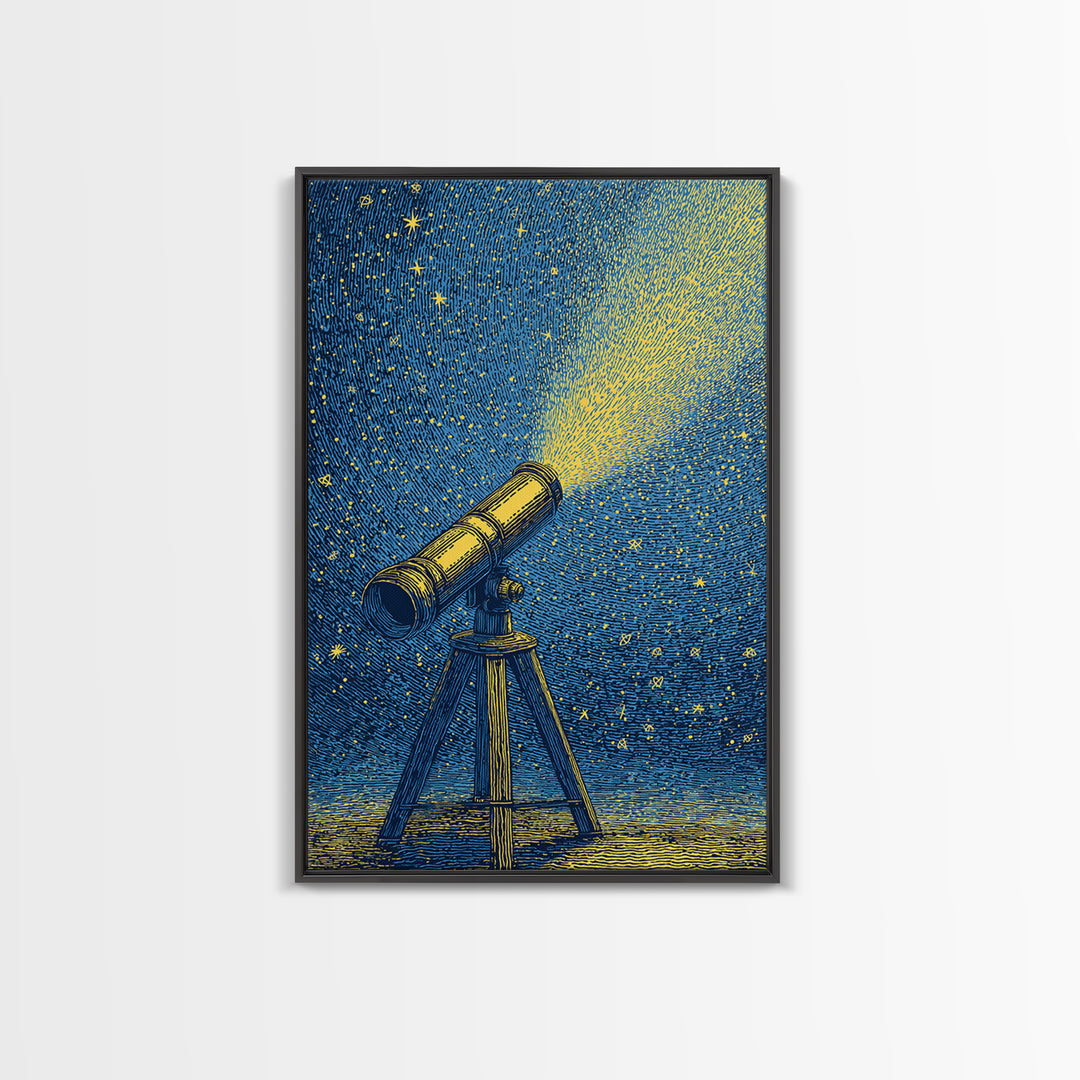 Blue Night Telescope Canvas Print, Mid Century Modern Astronomy Poster, Starry Space Wall Decor, Retro Science Gift For Him