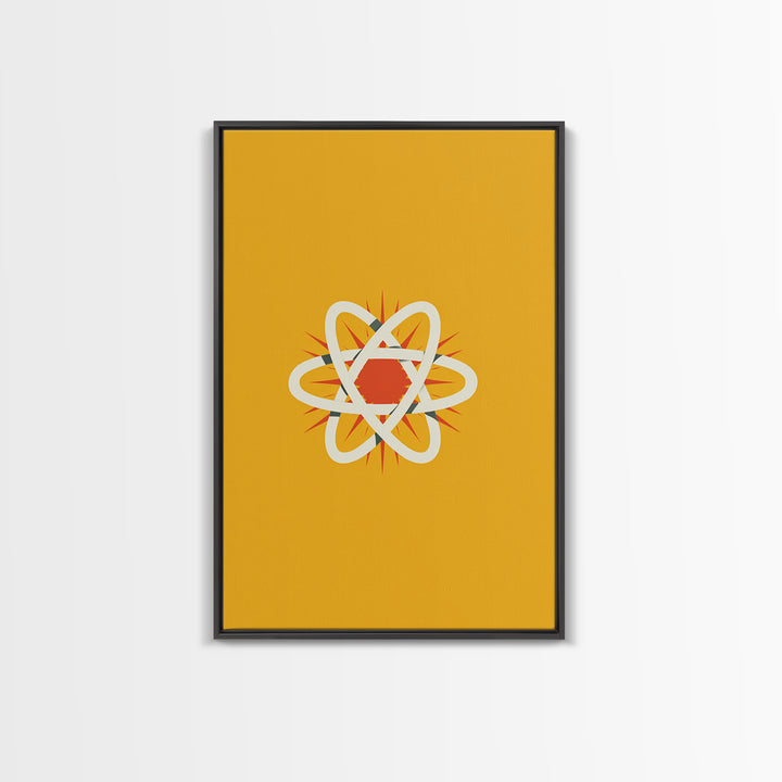 Minimal Atomic Symbol Canvas Print, Mid Century Modern Science Poster, Yellow Orange Geometric Wall Decor, Retro Lab Art